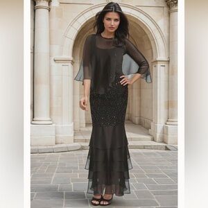 Sara Mique Float Sequin Silk Ruffle Maxi Dress with Cape Size XL